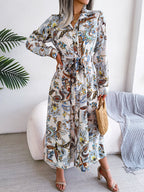 Printed Long Sleeve Midi Dress with Tied Detail - TNT Dress Co.