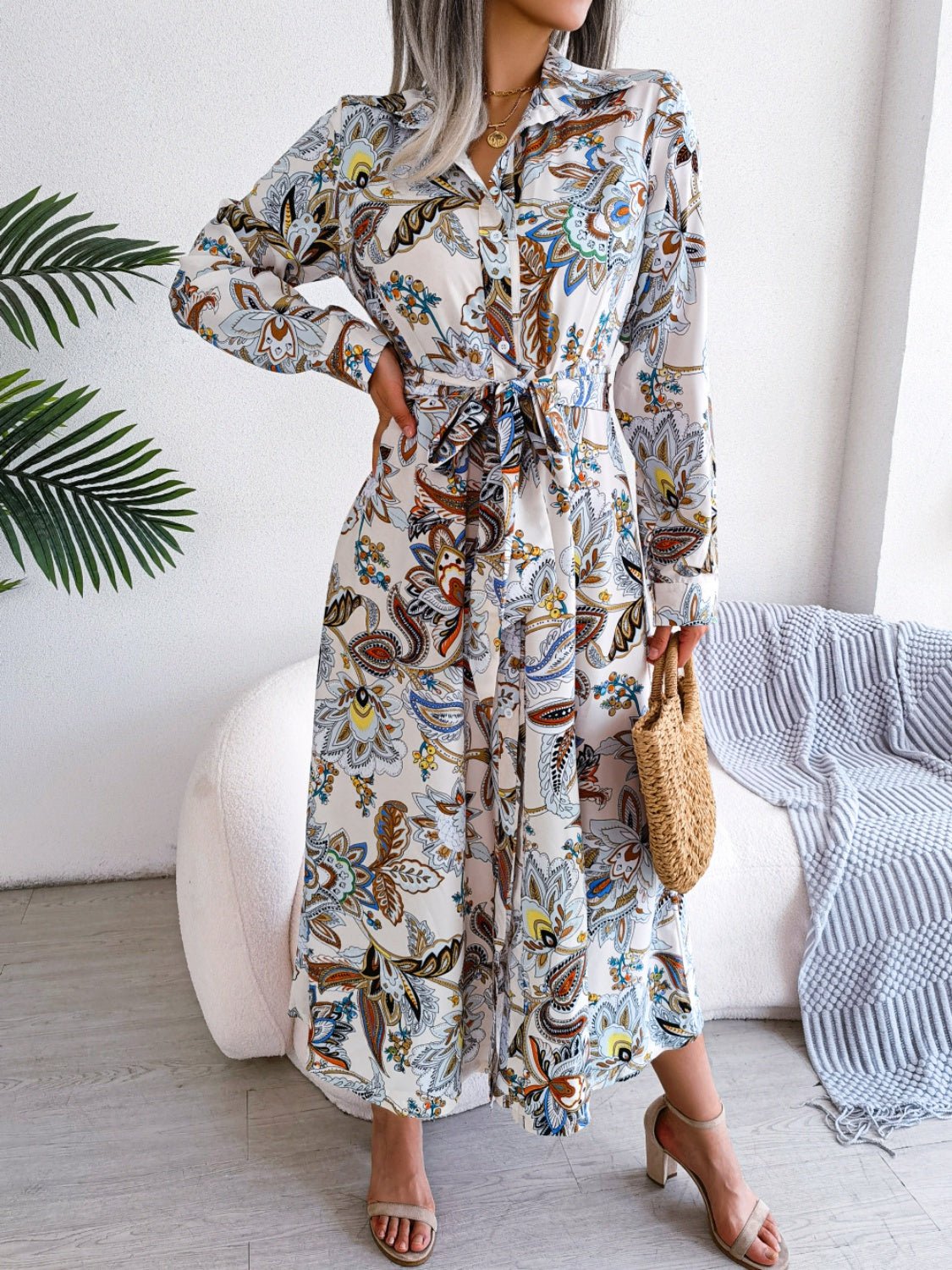 Printed Long Sleeve Midi Dress with Tied Detail - TNT Dress Co.