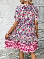 Printed Tie Neck Short Sleeve Dress - TNT Dress Co.