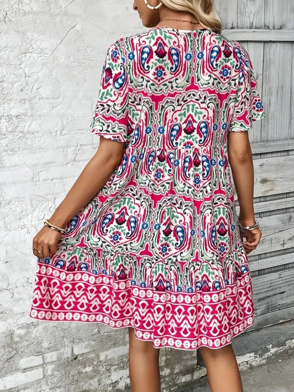 Printed Tie Neck Short Sleeve Dress - TNT Dress Co.