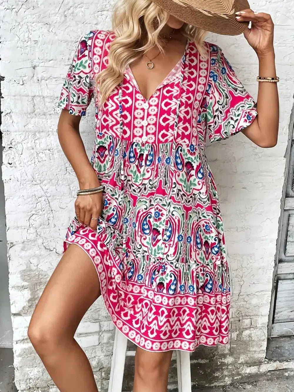 Printed Tie Neck Short Sleeve Dress - TNT Dress Co.