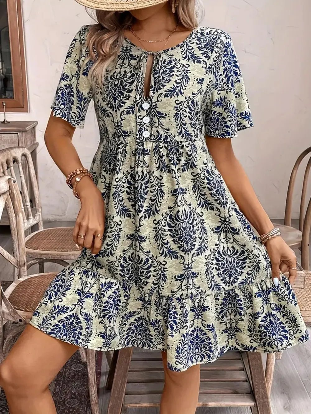 Printed Tie Neck Short Sleeve Dress - TNT Dress Co.