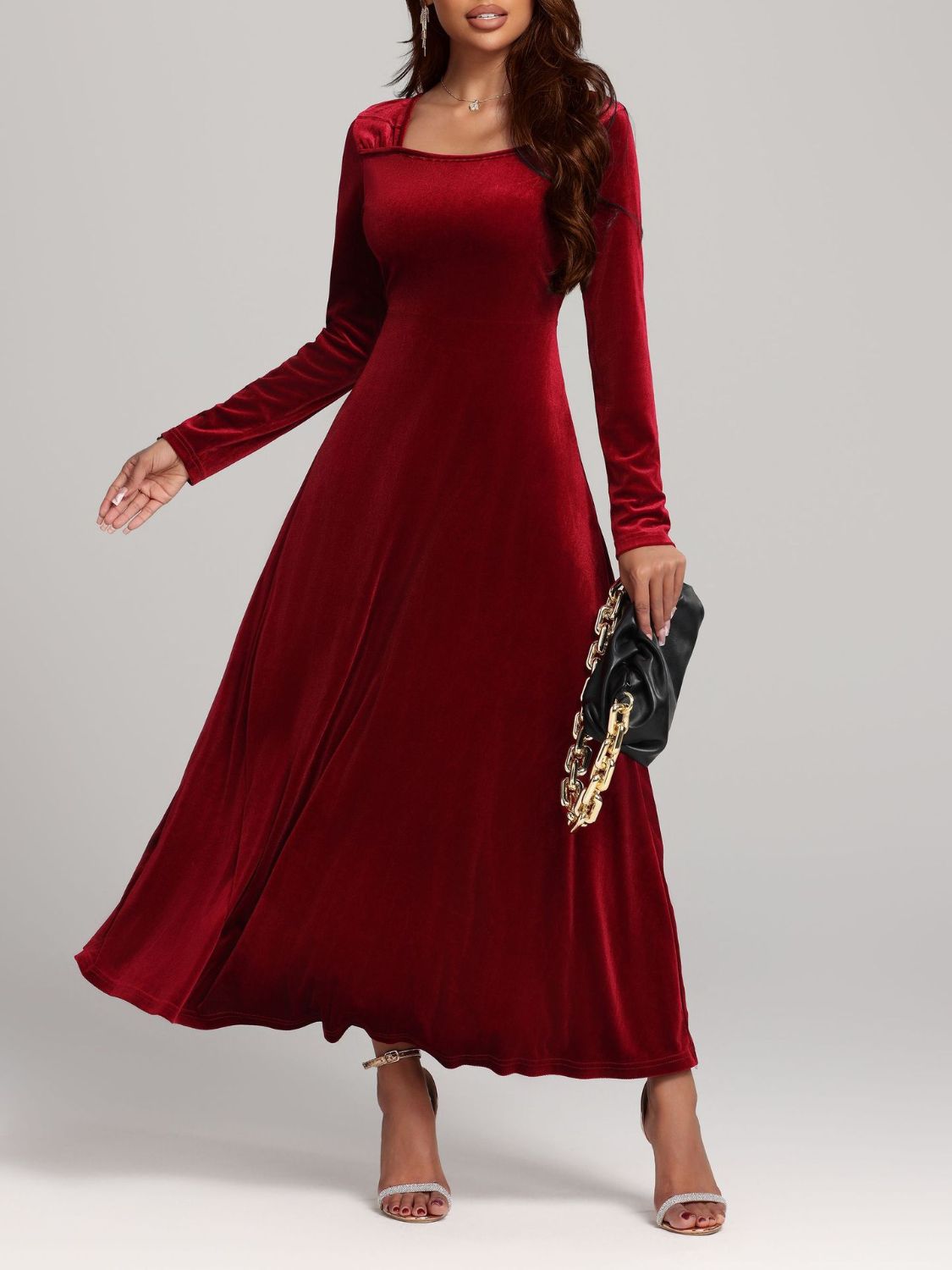 Velvet Square Neck Long Sleeve Dress - TNT Dress Co.
