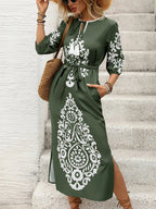 Side Slit Printed Tie Neck Dress - TNT Dress Co.