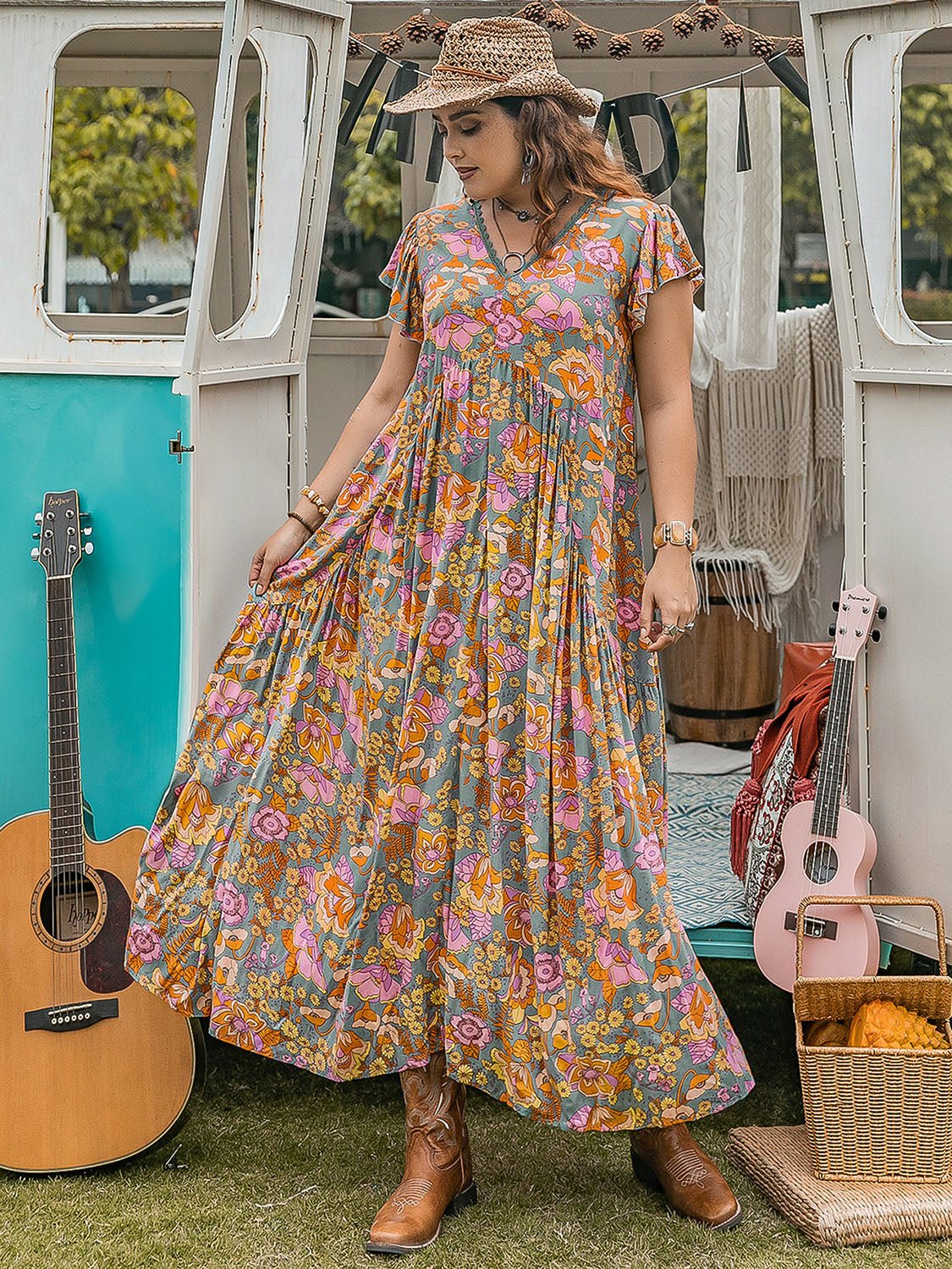 Plus Size Ruffled Cap Sleeve Printed Dress - TNT Dress Co.