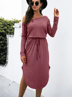 One - Shoulder Long Sleeve Midi Dress with Drawstring Waist - The Nicole - Tayan Dress Co.