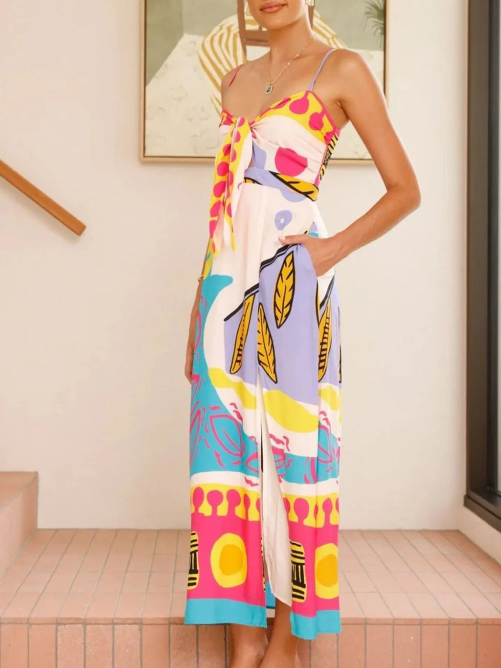 Tied Front Printed Slit Maxi Cami Dress - TNT Dress Co.