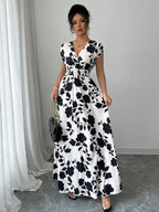 Printed Surplice Cap Sleeve Maxi Dress - TNT Dress Co.