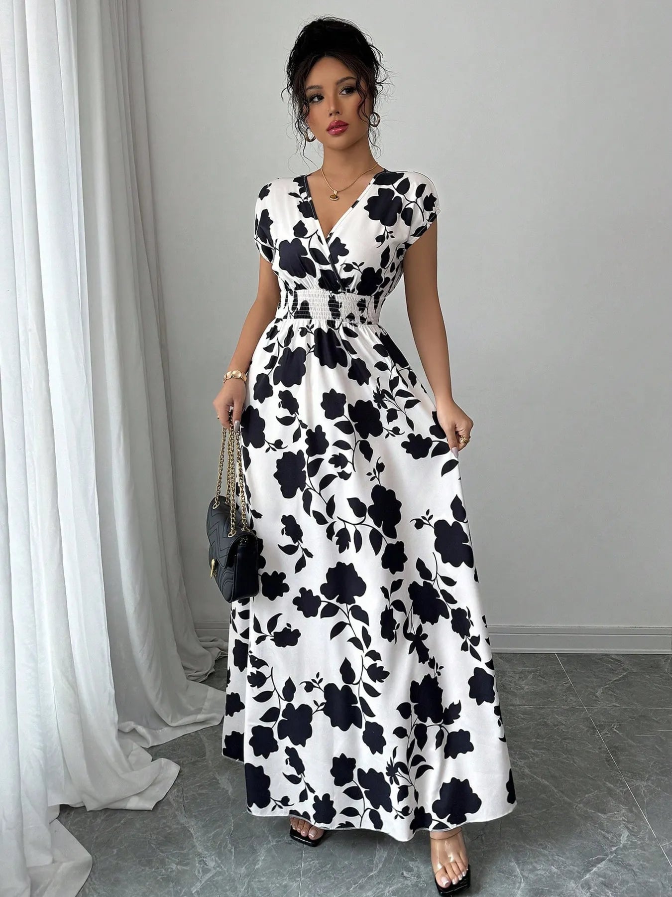Printed Surplice Cap Sleeve Maxi Dress - TNT Dress Co.
