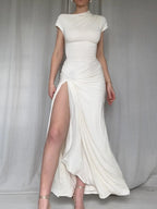 Ruched Slit Cap Sleeve Maxi Dress - TNT Dress Co.