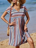 Striped V - Neck Short Sleeve Dress - TNT Dress Co.