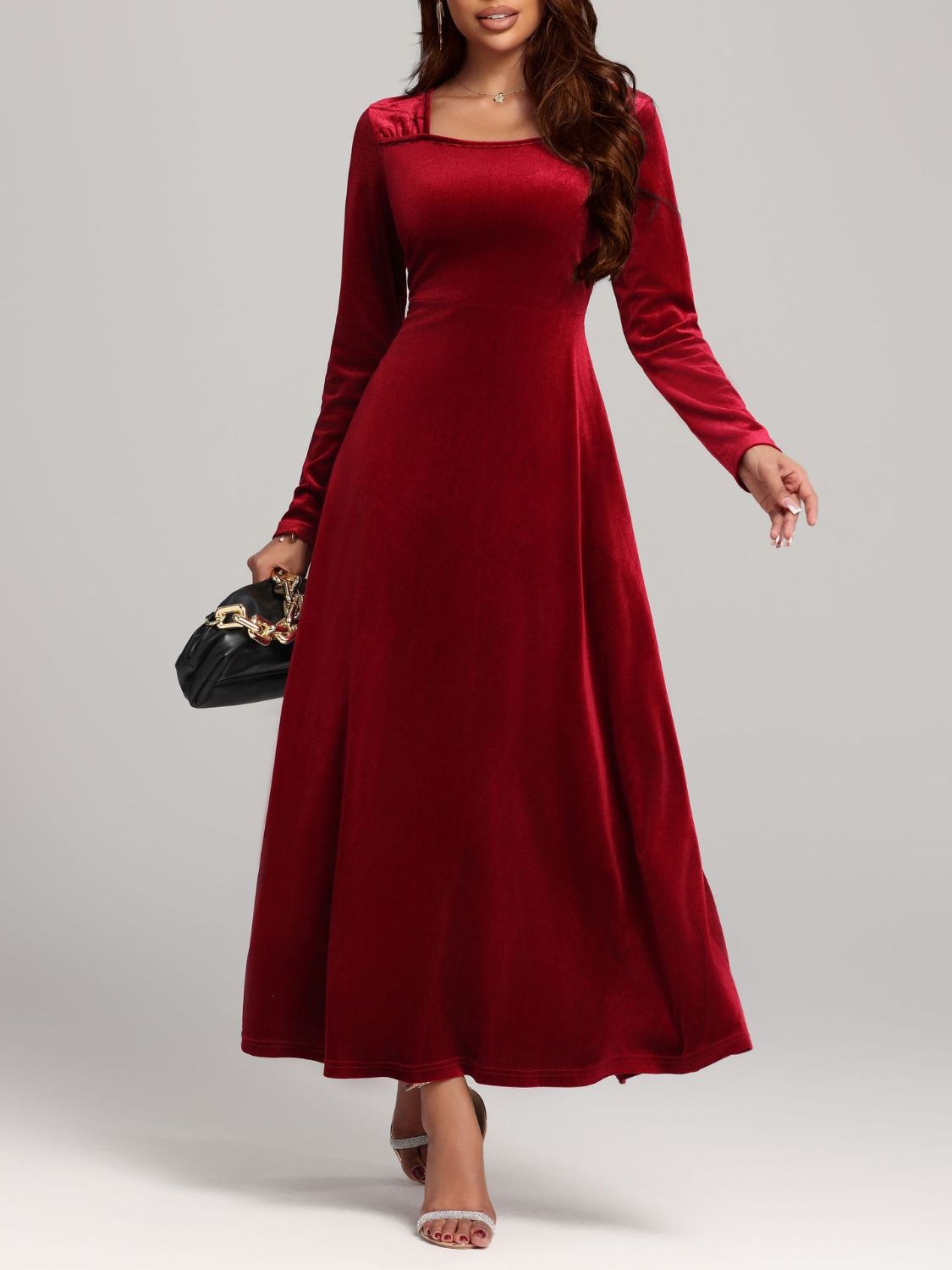 Velvet Square Neck Long Sleeve Dress - TNT Dress Co.