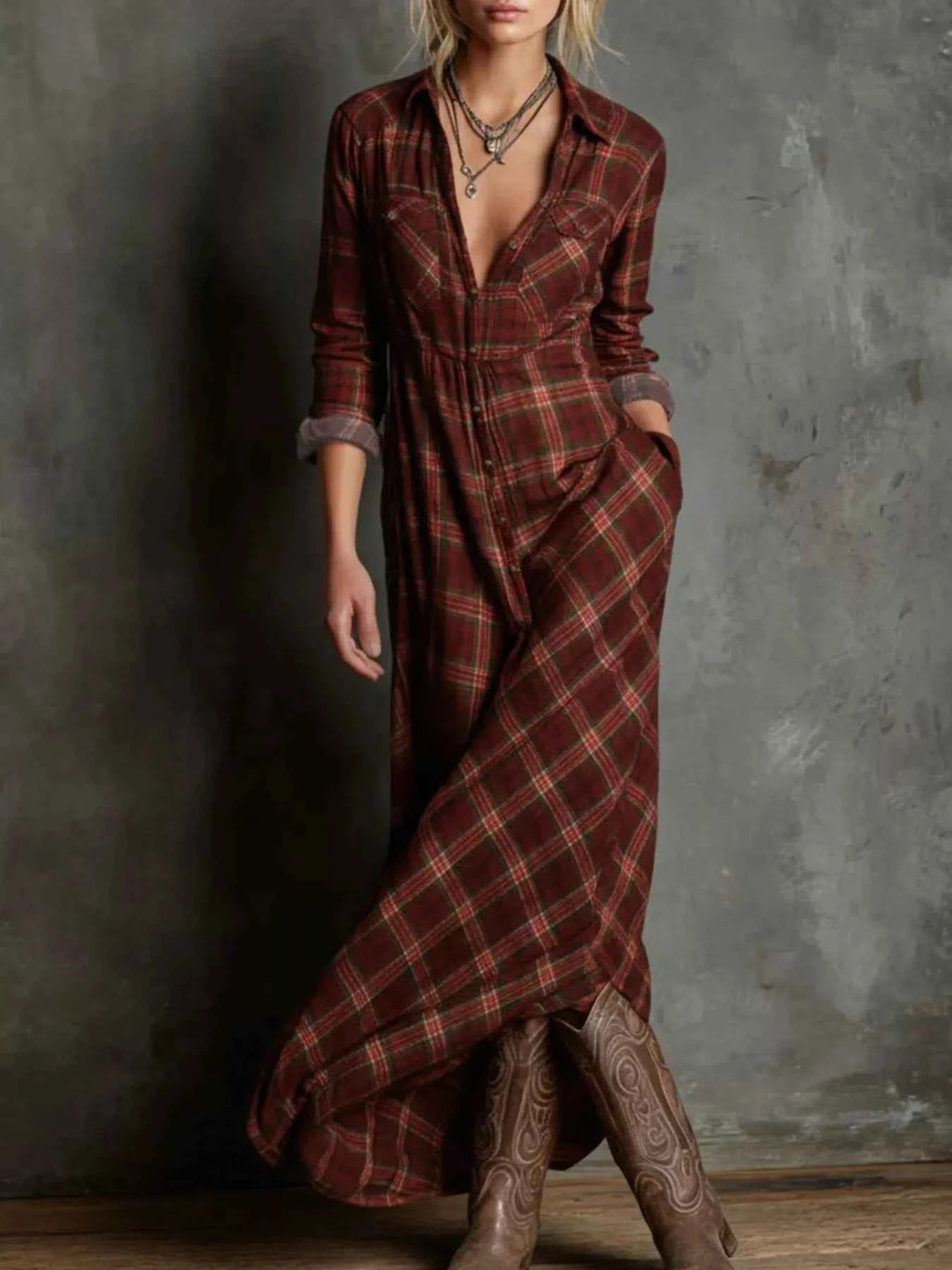 Full Size Plaid Button-Down Maxi Dress Plus Size