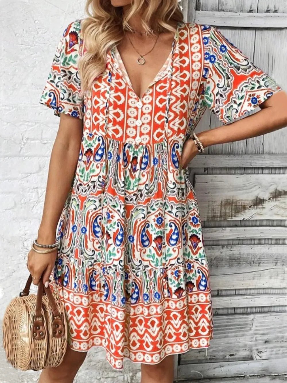Printed Tie Neck Short Sleeve Dress - TNT Dress Co.