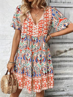 Printed Tie Neck Short Sleeve Dress - TNT Dress Co.