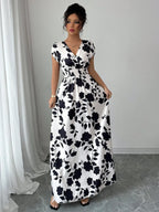Printed Surplice Cap Sleeve Maxi Dress - TNT Dress Co.