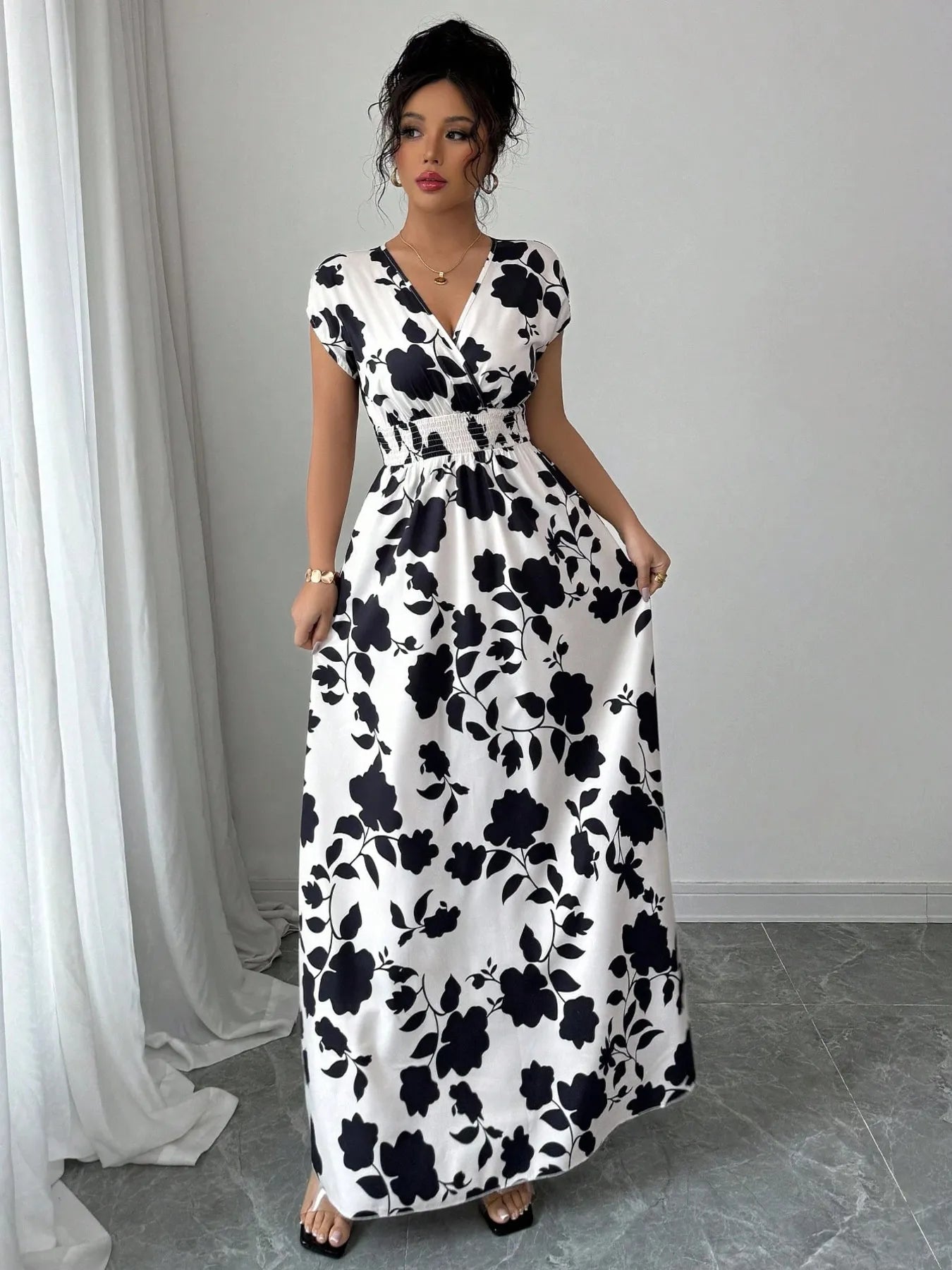 Printed Surplice Cap Sleeve Maxi Dress - TNT Dress Co.