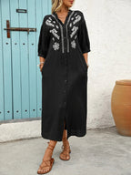 Embroidered Notched Half Sleeve Midi Dress - TNT Dress Co.