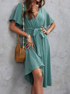 V - Neck Flutter Sleeve Midi Dress - TNT Dress Co.