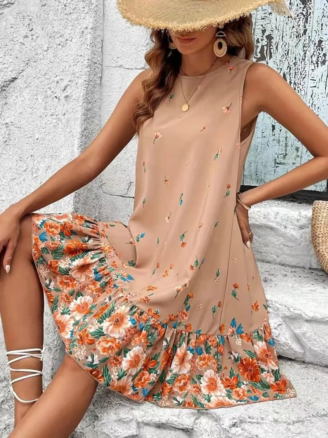 Ruffled Hem Floral Sleeveless Mini Tank Dress - TNT Dress Co.