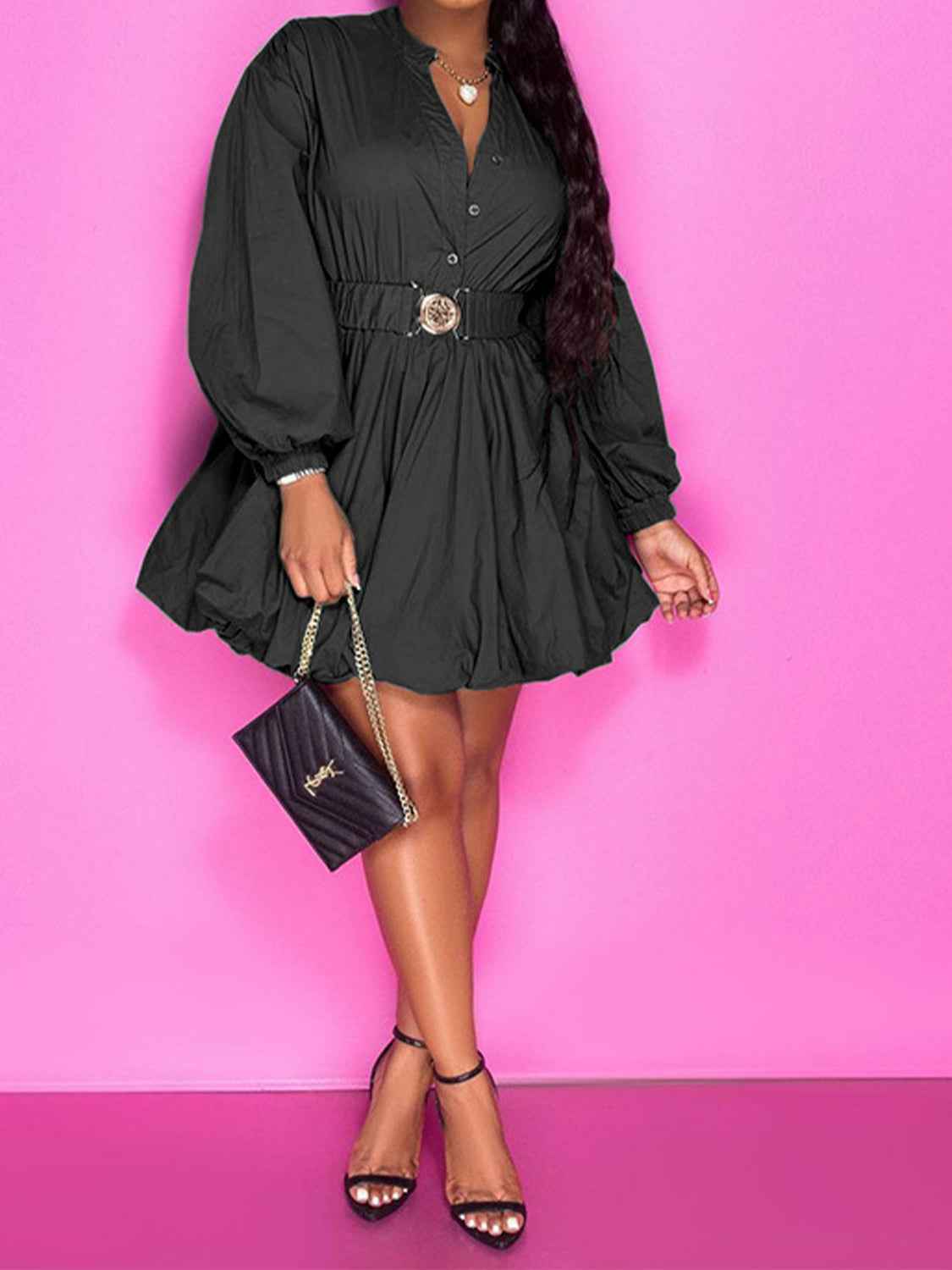 Button Up Notched Sleeve Dress