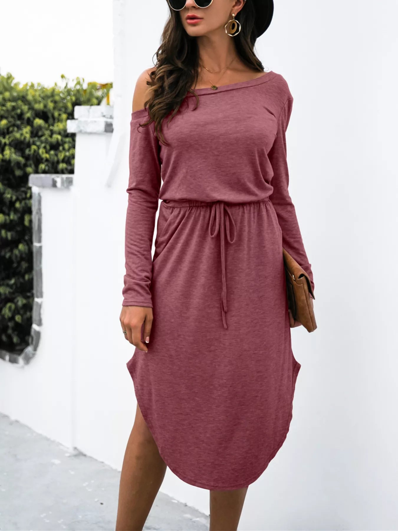 One - Shoulder Long Sleeve Midi Dress with Drawstring Waist - The Nicole - Tayan Dress Co.