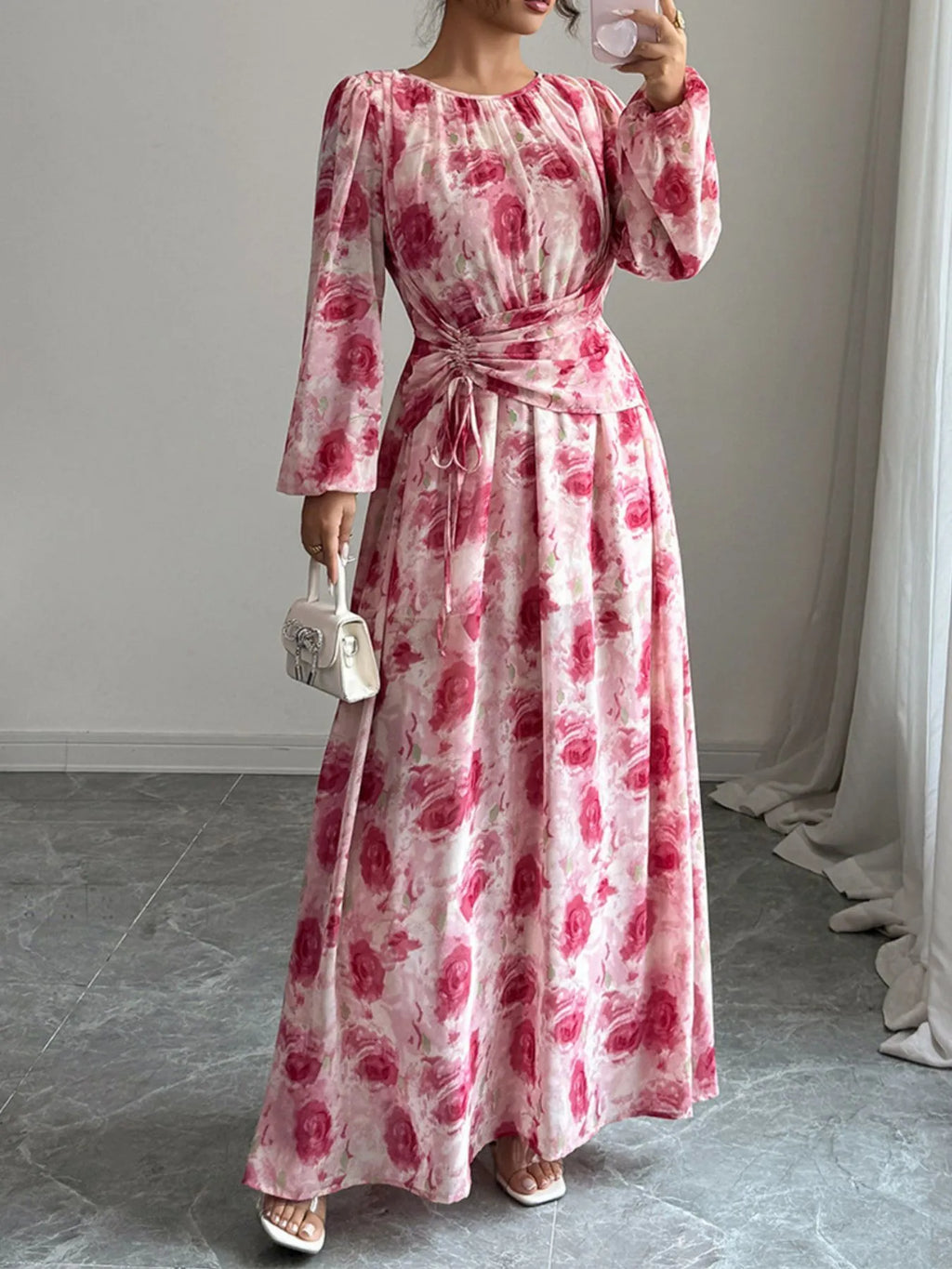 Long Sleeve Maxi Dress with Drawstring - The Nicole - Tayan Dress Co.