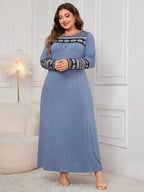 Honey Plus Size Printed Long Sleeve Dress with Round Neck - TNT Dress Co.