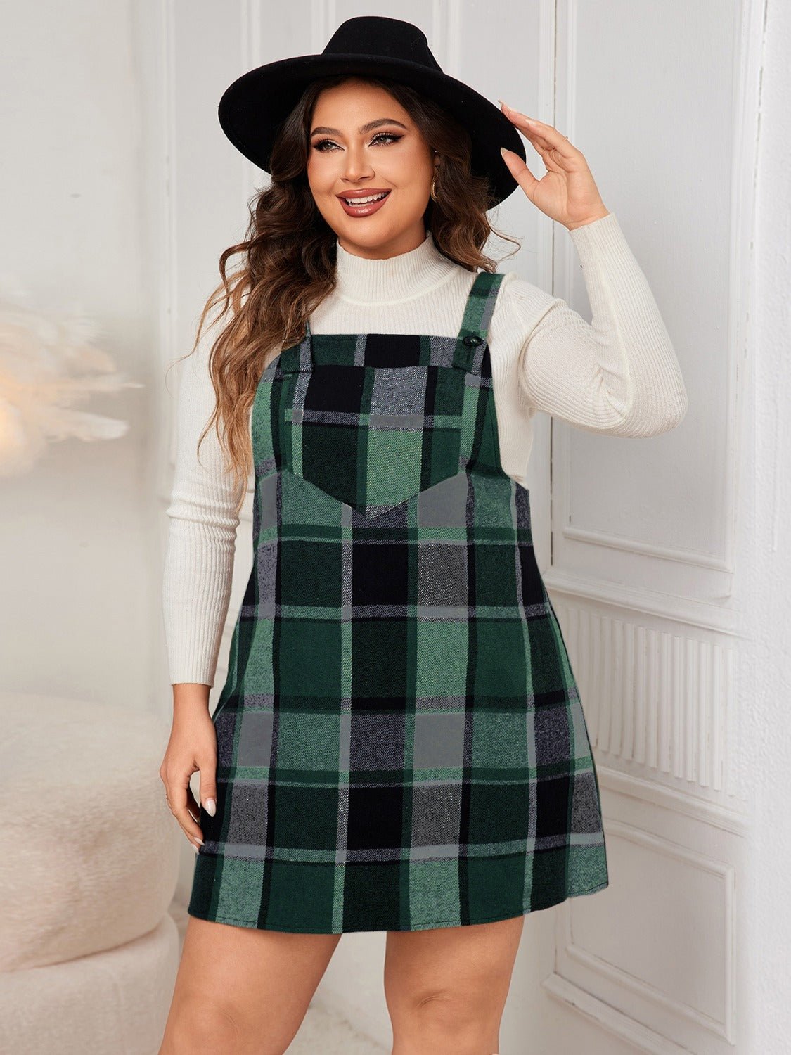 Plus Size Honey Plaid Wide Strap Overall Dress - TNT Dress Co.