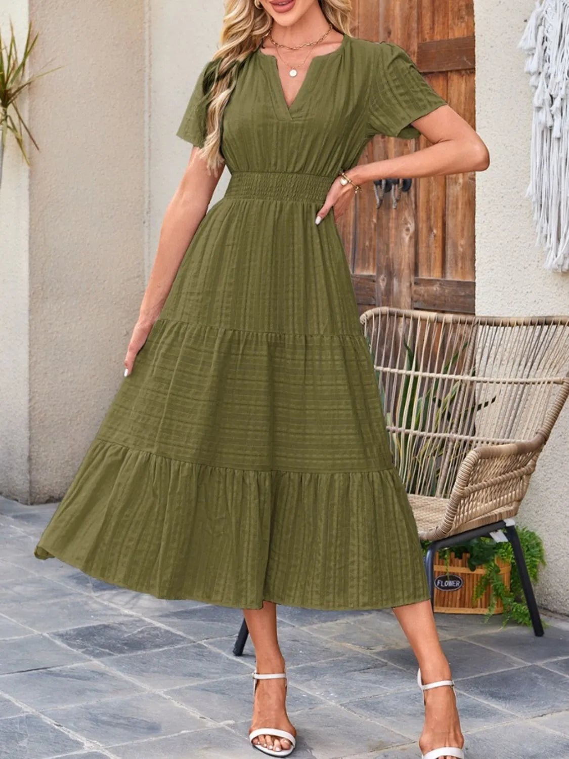 Tiered Notched Short Sleeve Dress - TNT Dress Co.