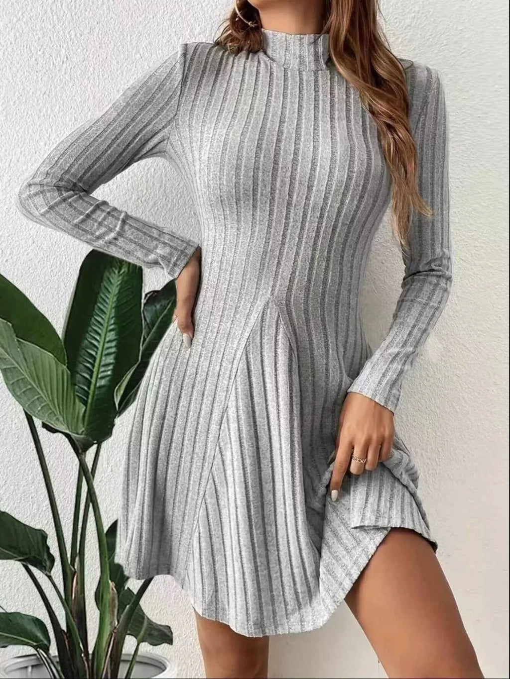 Ribbed Knit Mock Neck Long Sleeve Mini Dress