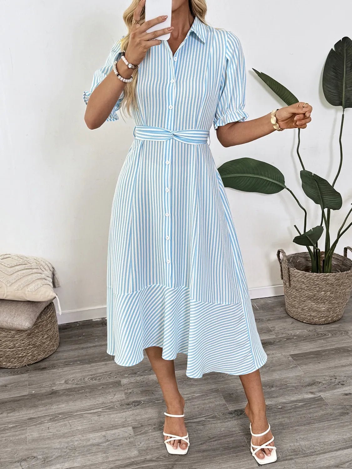 Striped Button - Down Midi Shirt Dress with Ruffle Sleeves - TNT Dress Co.