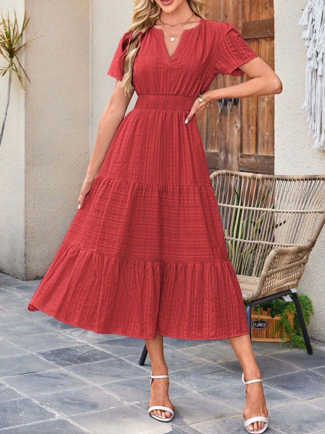 Tiered Notched Short Sleeve Dress - TNT Dress Co.