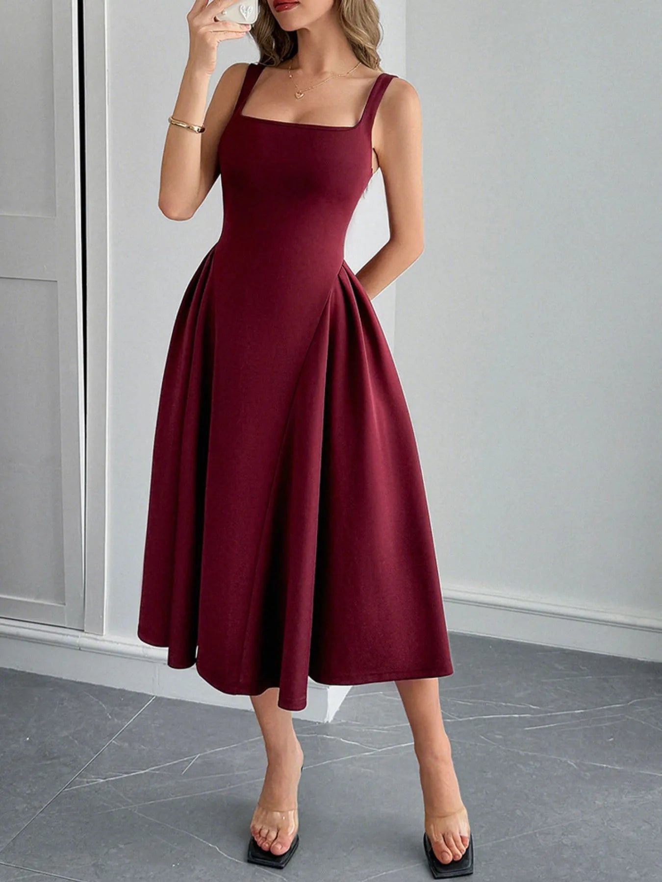 Square Neck Wide Strap Midi Dress - TNT Dress Co.