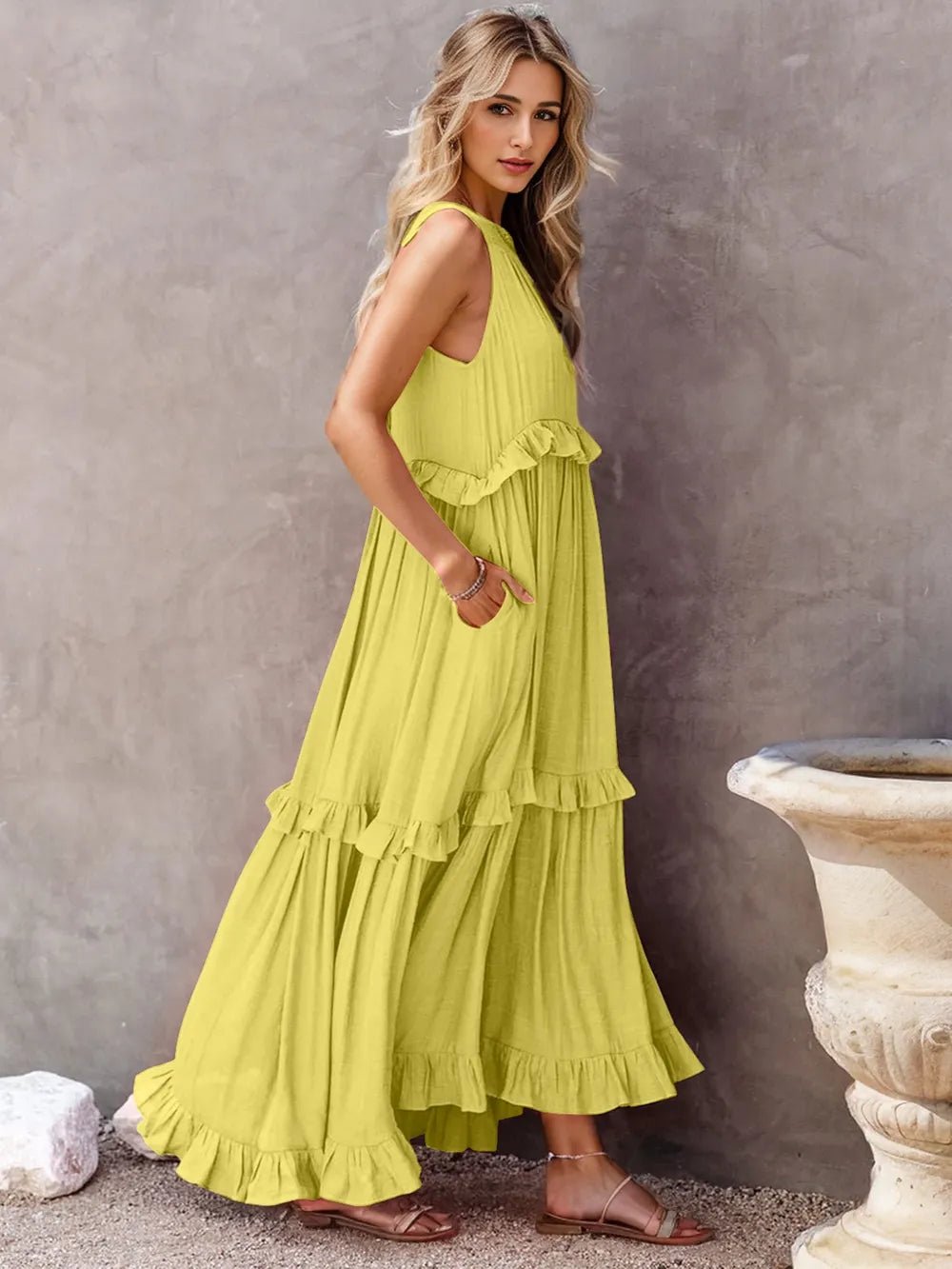 Ruffled Sleeveless Tiered Maxi Dress with Pockets - TNT Dress Co.