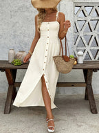 Smocked Button Front Tie Shoulder Dress - TNT Dress Co.