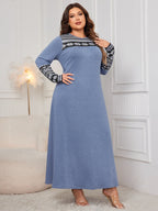 Honey Plus Size Printed Long Sleeve Dress with Round Neck - TNT Dress Co.