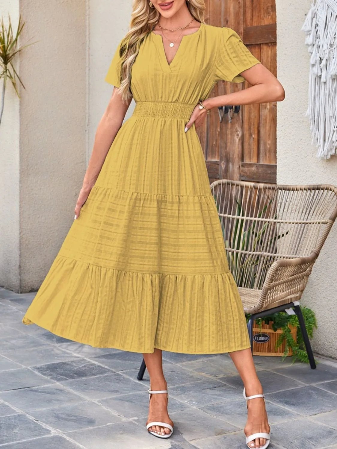 Tiered Notched Short Sleeve Dress - TNT Dress Co.