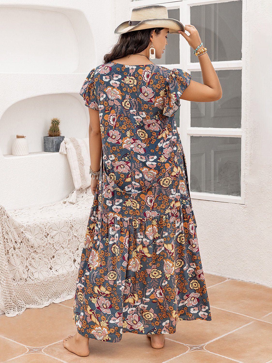 Plus Size Ruffled Cap Sleeve Printed Dress - TNT Dress Co.