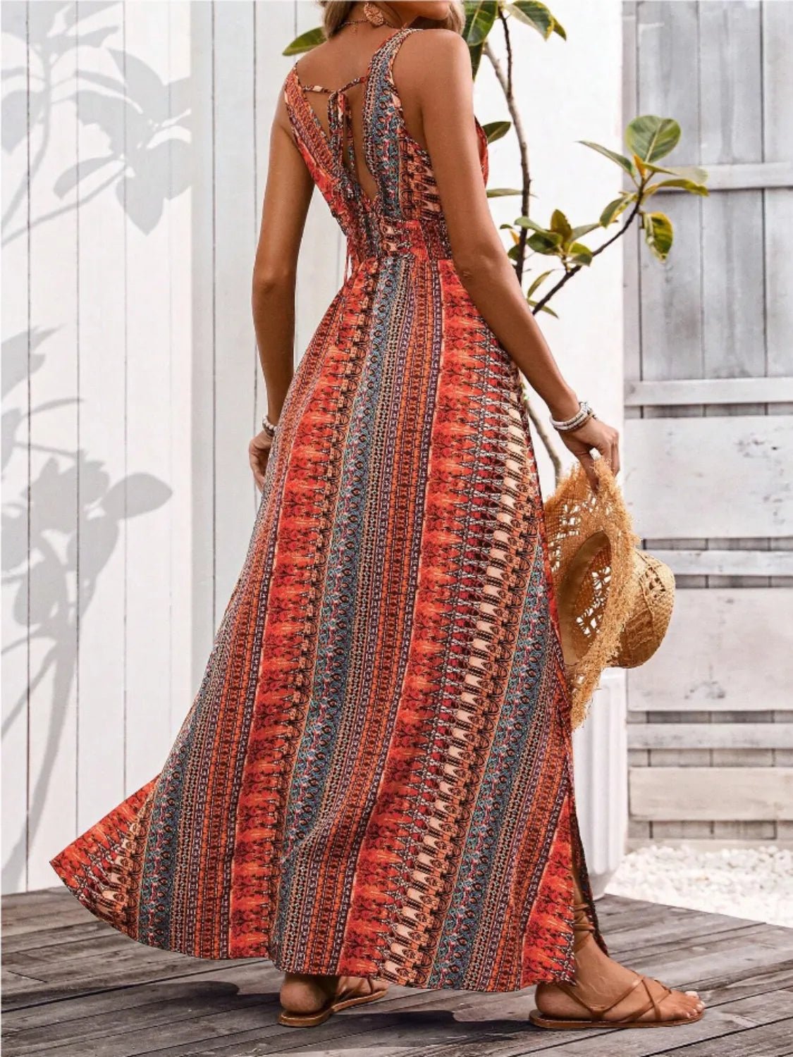 Tied Back Printed Sleeveless Maxi Slit Dress - TNT Dress Co.