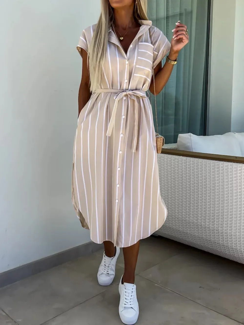 Striped Tie Waist Short Sleeve Dress - TNT Dress Co.