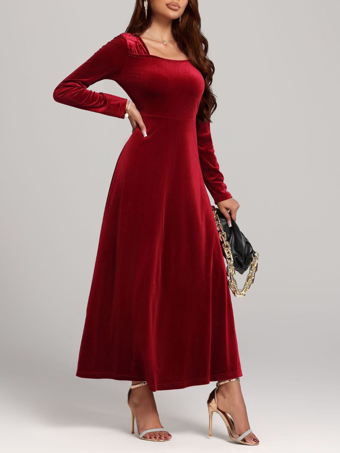 Velvet Square Neck Long Sleeve Dress - TNT Dress Co.