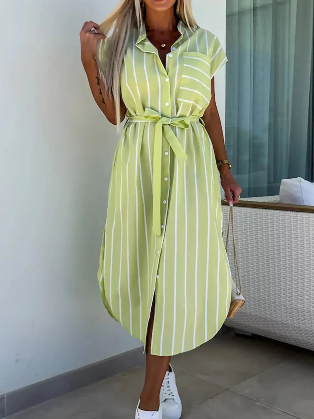 Striped Tie Waist Short Sleeve Dress - TNT Dress Co.