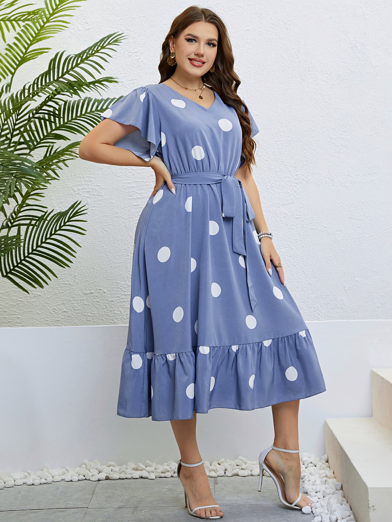 Honey Polka Dot Ruffle Hem Dress with Belted Waist & Flutter Sleeves - TNT Dress Co.