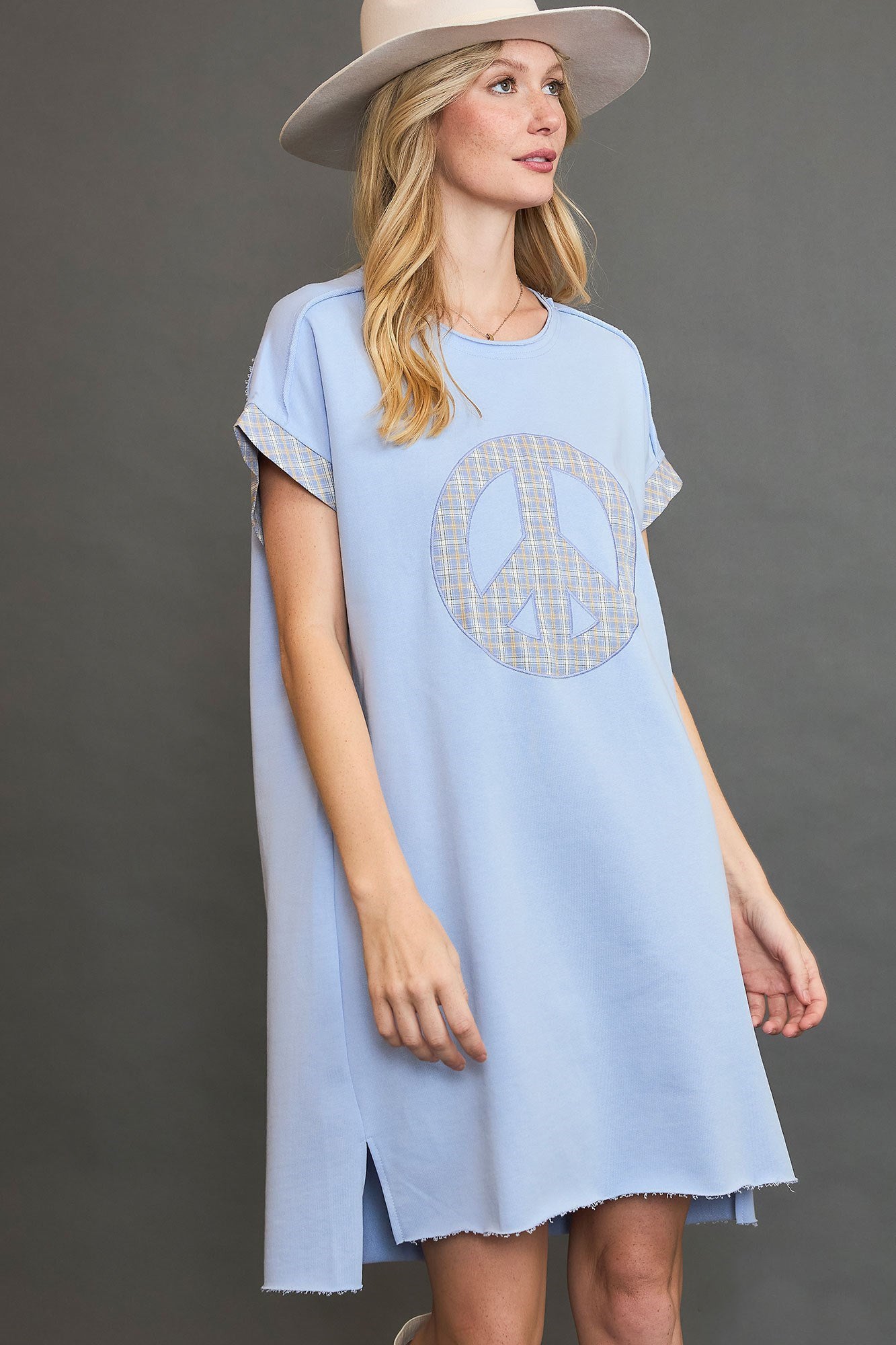 Umgee Peace Plaid Applique Short Sleeve Mini Dress - TNT Dress Co.