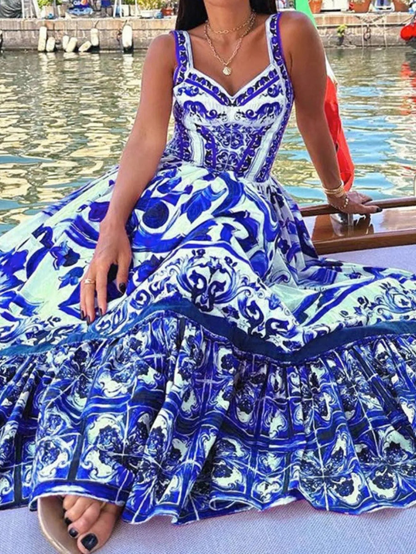 Full Size Printed Sweetheart Neck Maxi Cami Dress Plus Size - TNT Dress Co.
