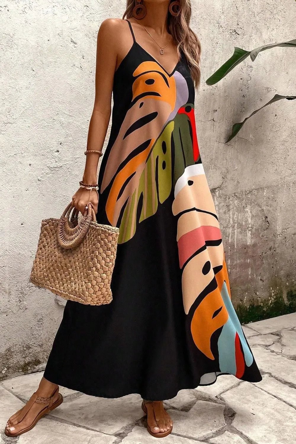 Tropical Leaf Print V - Neck Maxi Cami Dress - TNT Dress Co.