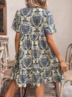 Printed Tie Neck Short Sleeve Dress - TNT Dress Co.