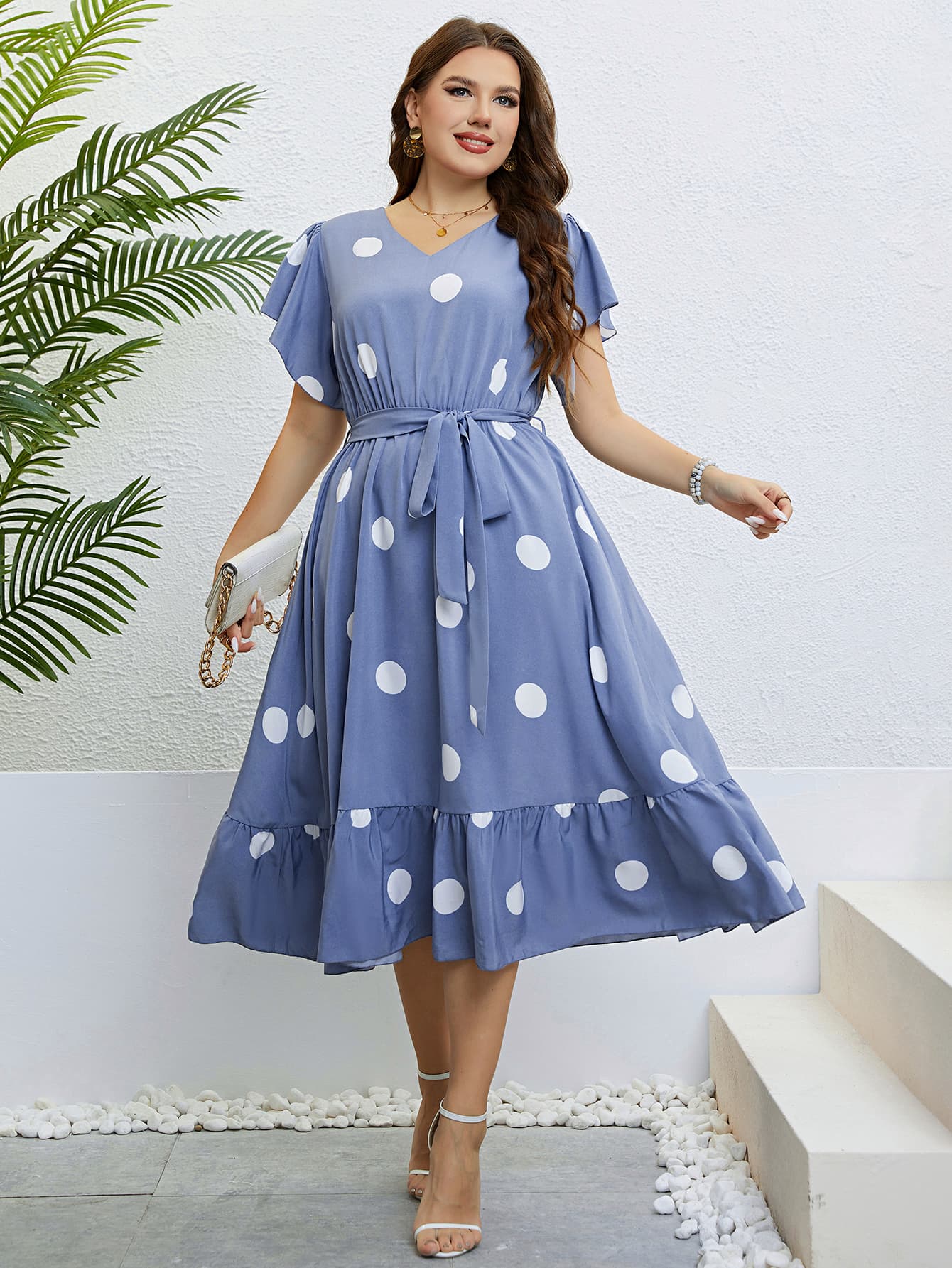 Honey Polka Dot Ruffle Hem Dress with Belted Waist & Flutter Sleeves - TNT Dress Co.