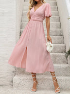 V - Neck Puff Sleeve Dress - TNT Dress Co.